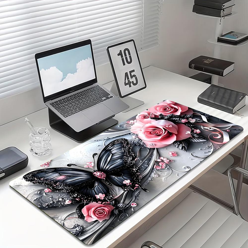 Laptop Accessories Pink - Pink Rose Black Butterfly Large Desk